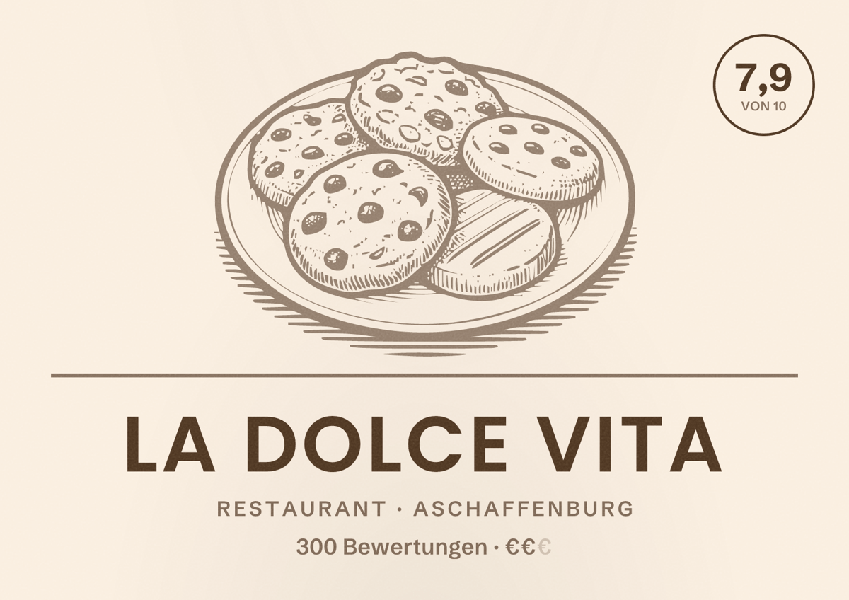 Illustriertes Poster von La dolce Vita, Restaurant in Aschaffenburg: Bewertung 7,9 von 10 aus 300 Bewertungen, Preisniveau €€