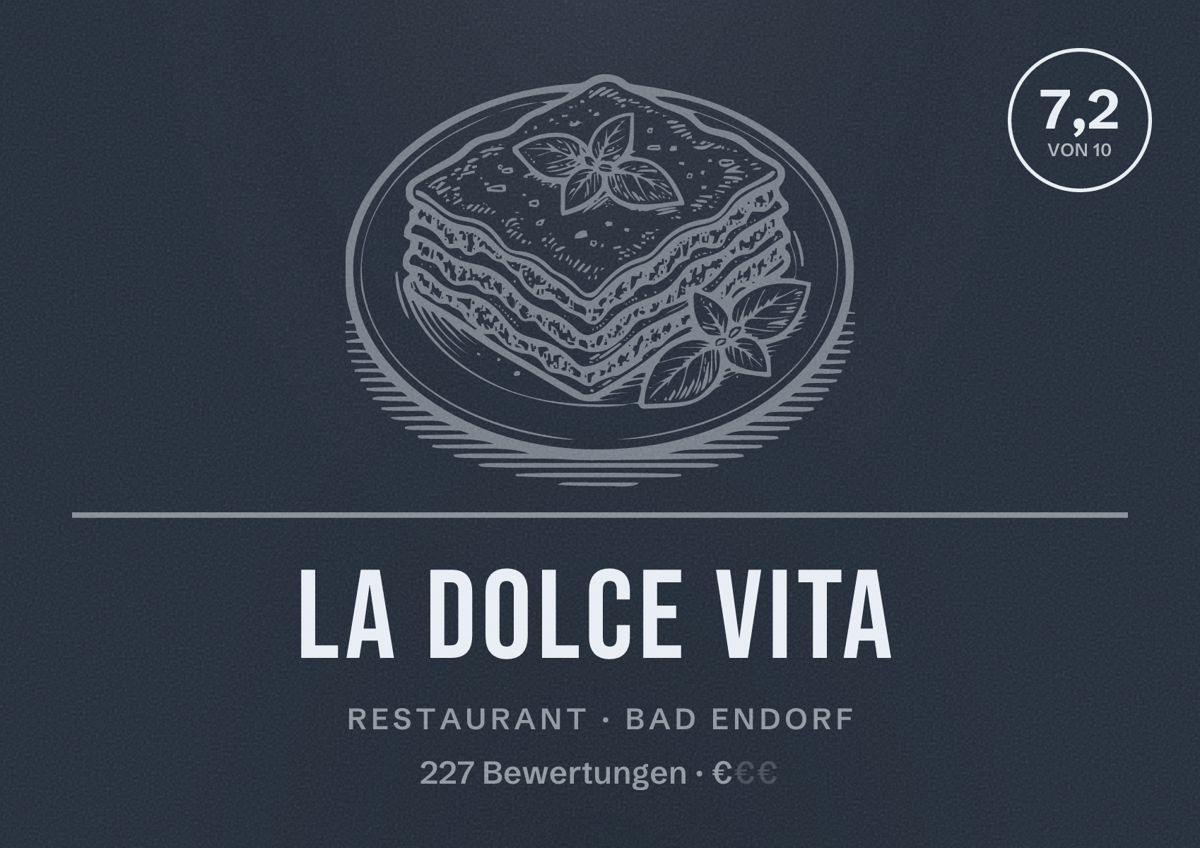 Illustriertes Poster von La Dolce Vita, Restaurant in Bad Endorf: Bewertung 7,2 von 10 aus 227 Bewertungen, Preisniveau €