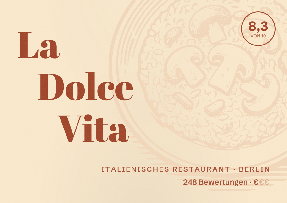 Illustriertes Poster von La Dolce Vita, Italienisches Restaurant in Berlin: Bewertung 8,3 von 10 aus 248 Bewertungen, Preisniveau €