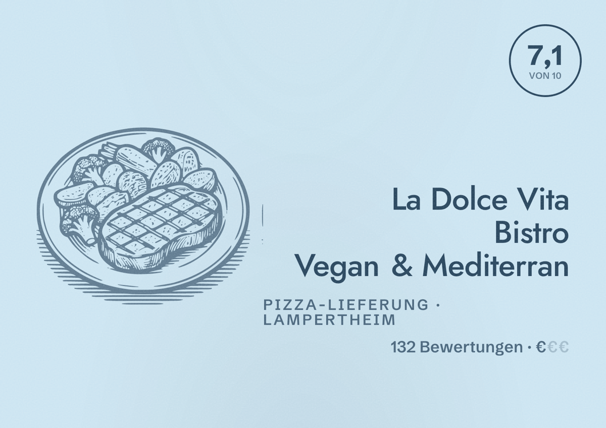 Illustriertes Poster von La Dolce Vita Bistro Vegan & Mediterran, Pizza-Lieferung in Lampertheim: Bewertung 7,1 von 10 aus 132 Bewertungen, Preisniveau €