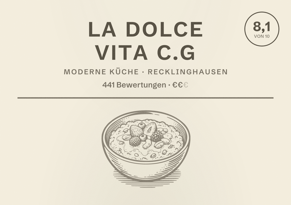 Illustriertes Poster von La dolce Vita C.G, Moderne Küche in Recklinghausen: Bewertung 8,1 von 10 aus 441 Bewertungen, Preisniveau €€