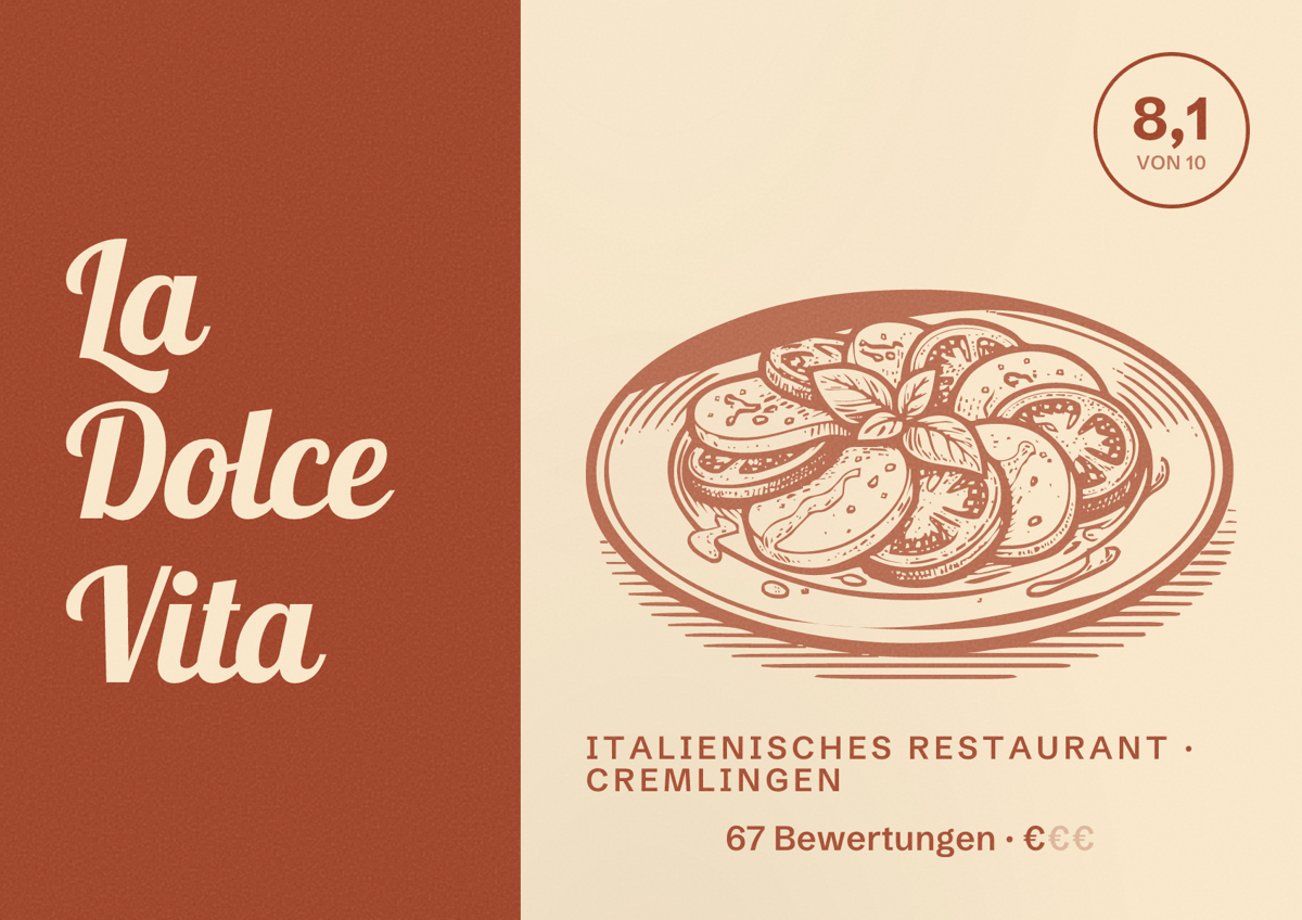 Illustriertes Poster von La Dolce Vita, Italienisches Restaurant in Cremlingen: Bewertung 8,1 von 10 aus 67 Bewertungen, Preisniveau €