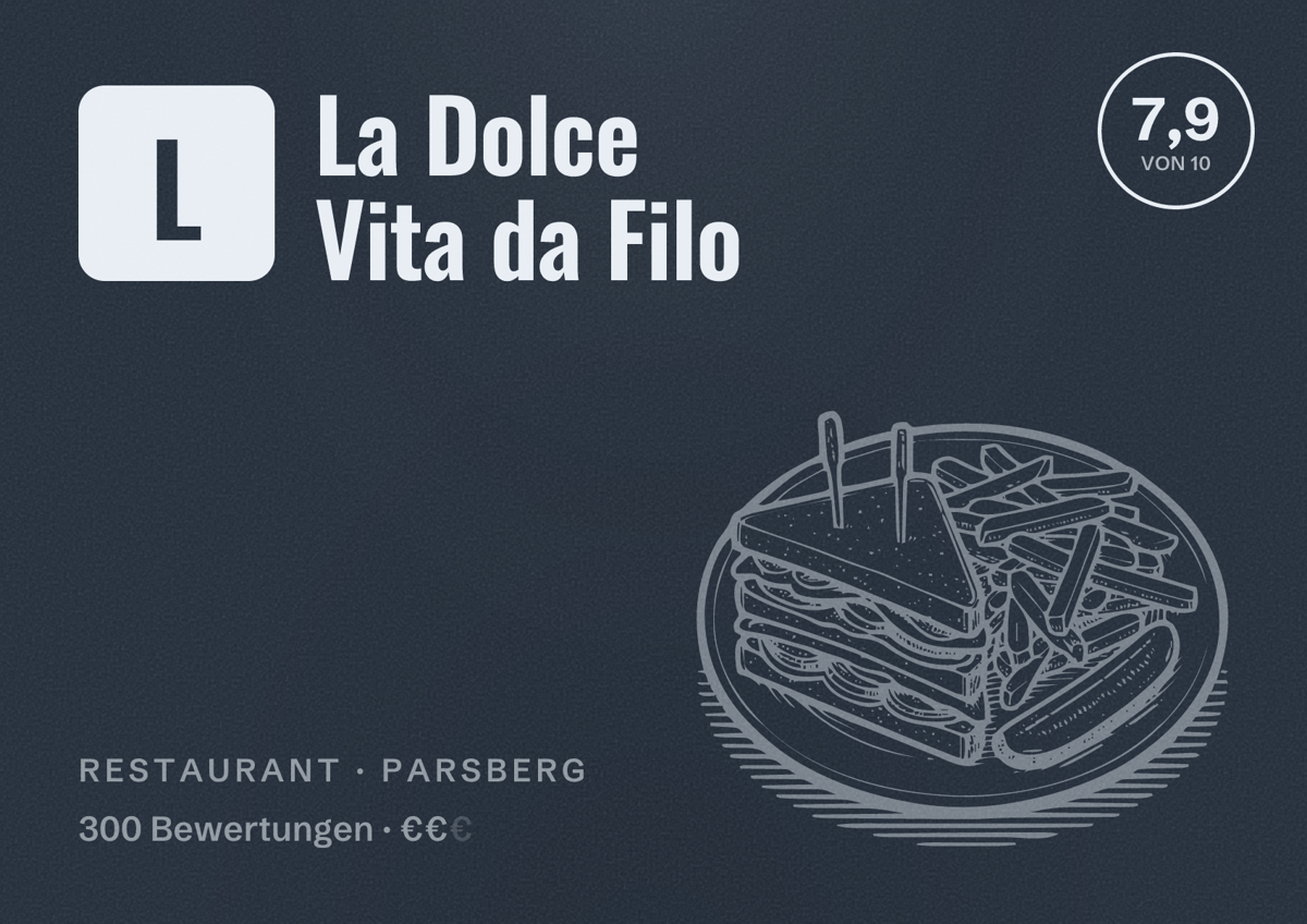 Illustriertes Poster von La Dolce Vita da Filo, Restaurant in Parsberg: Bewertung 7,9 von 10 aus 300 Bewertungen, Preisniveau €€