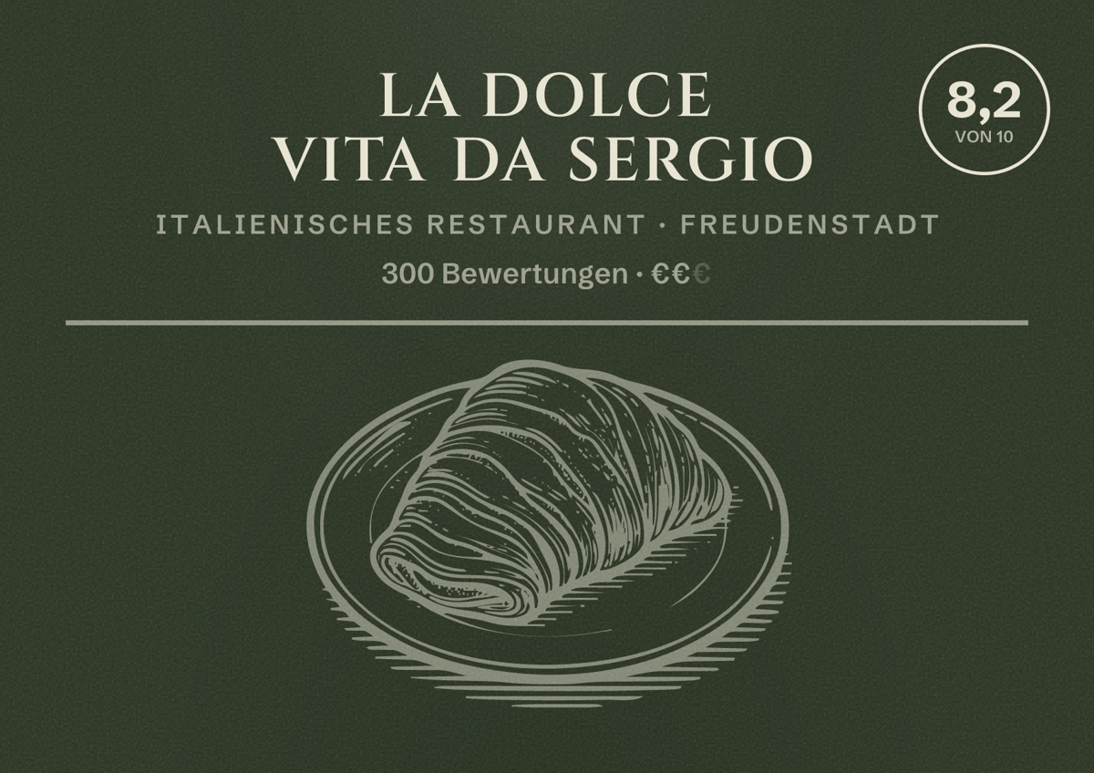 Illustriertes Poster von La Dolce Vita da Sergio, Italienisches Restaurant in Freudenstadt: Bewertung 8,2 von 10 aus 300 Bewertungen, Preisniveau €€