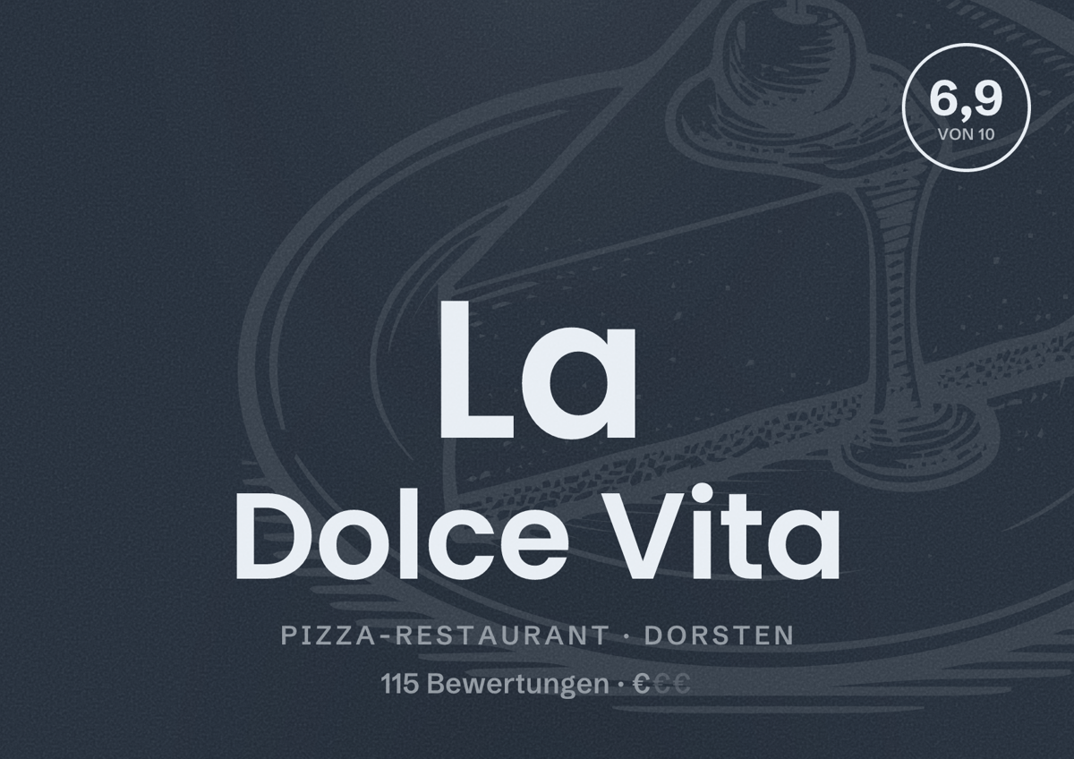 Illustriertes Poster von La Dolce Vita, Pizza-Restaurant in Dorsten: Bewertung 6,9 von 10 aus 115 Bewertungen, Preisniveau €