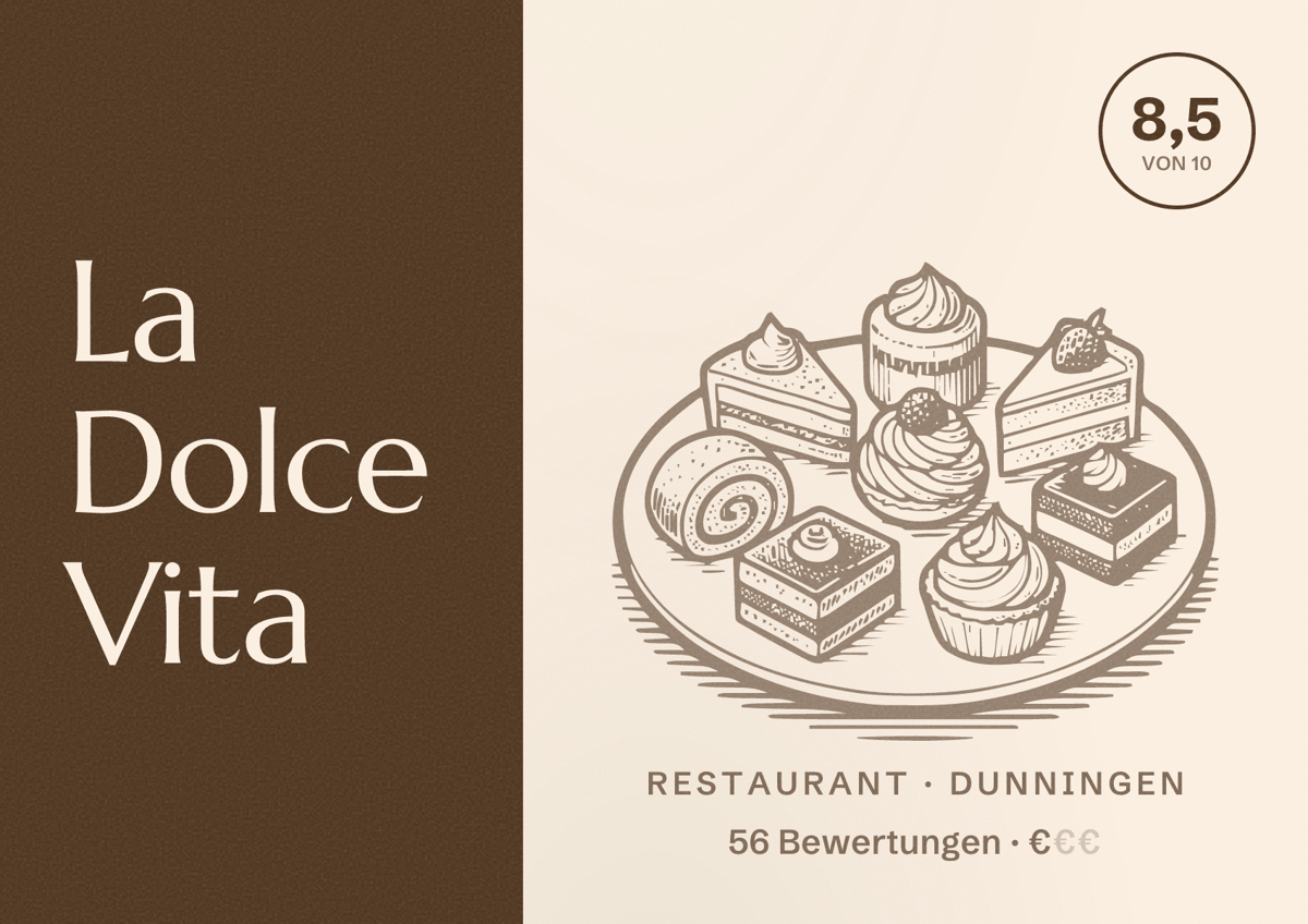 Illustriertes Poster von La Dolce Vita, Restaurant in Dunningen: Bewertung 8,5 von 10 aus 56 Bewertungen, Preisniveau €