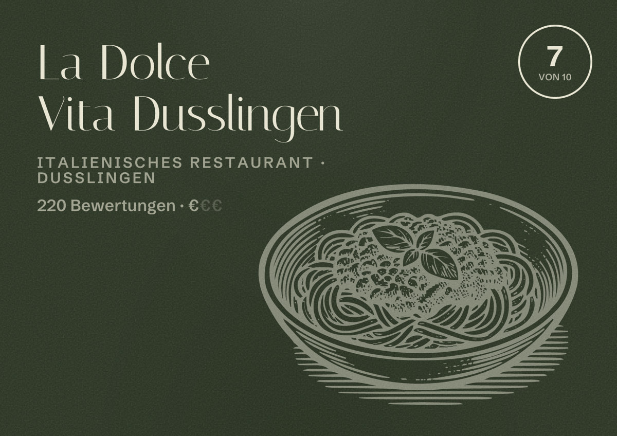 Illustriertes Poster von La Dolce Vita Dusslingen, Italienisches Restaurant in Dußlingen: Bewertung 7 von 10 aus 220 Bewertungen, Preisniveau €