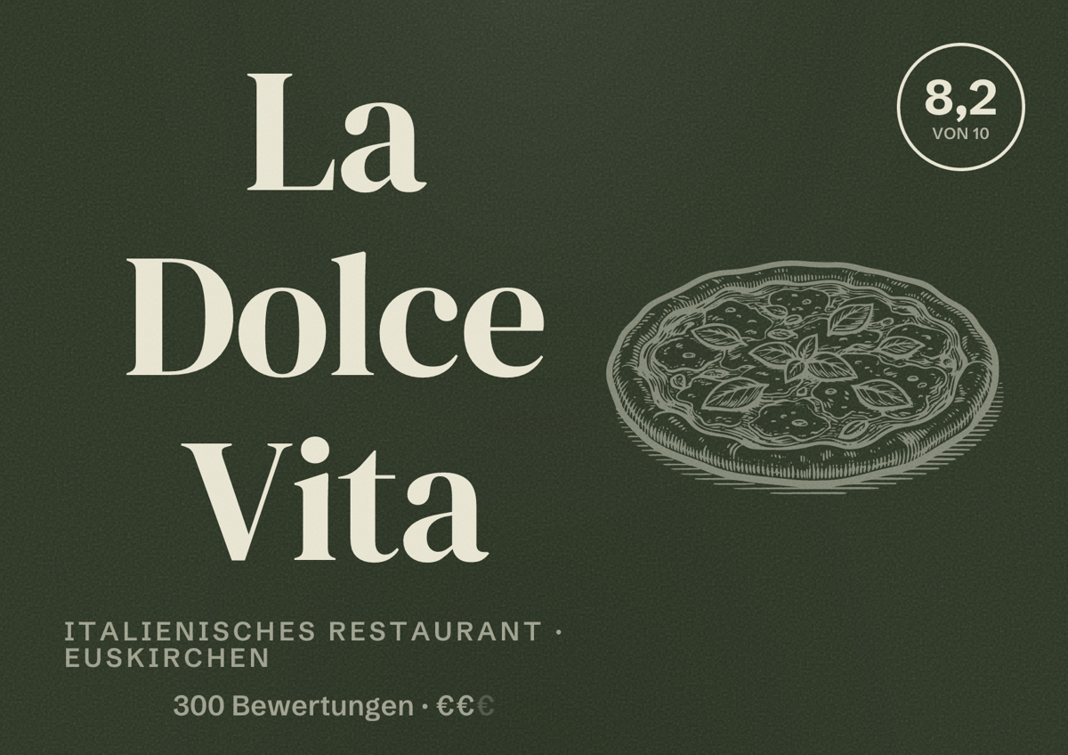 Illustriertes Poster von La Dolce Vita, Italienisches Restaurant in Euskirchen: Bewertung 8,2 von 10 aus 300 Bewertungen, Preisniveau €€