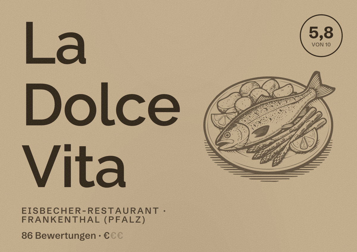 Illustriertes Poster von La Dolce Vita, Eisbecher-Restaurant in Frankenthal (Pfalz): Bewertung 5,8 von 10 aus 86 Bewertungen, Preisniveau €