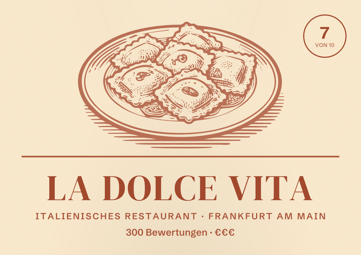 Illustriertes Poster von La Dolce Vita, Italienisches Restaurant in Frankfurt am Main: Bewertung 7,0 von 10 aus 300 Bewertungen, Preisniveau €€€