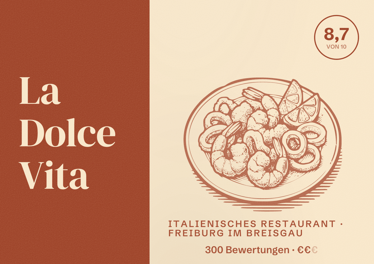 Illustriertes Poster von La Dolce Vita, Italienisches Restaurant in Freiburg im Breisgau: Bewertung 8,7 von 10 aus 300 Bewertungen, Preisniveau €€