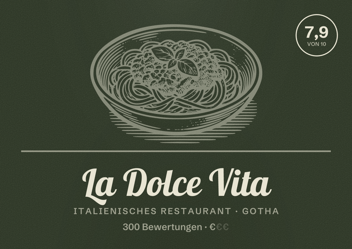 Illustriertes Poster von La Dolce Vita, Italienisches Restaurant in Gotha: Bewertung 7,9 von 10 aus 300 Bewertungen, Preisniveau €