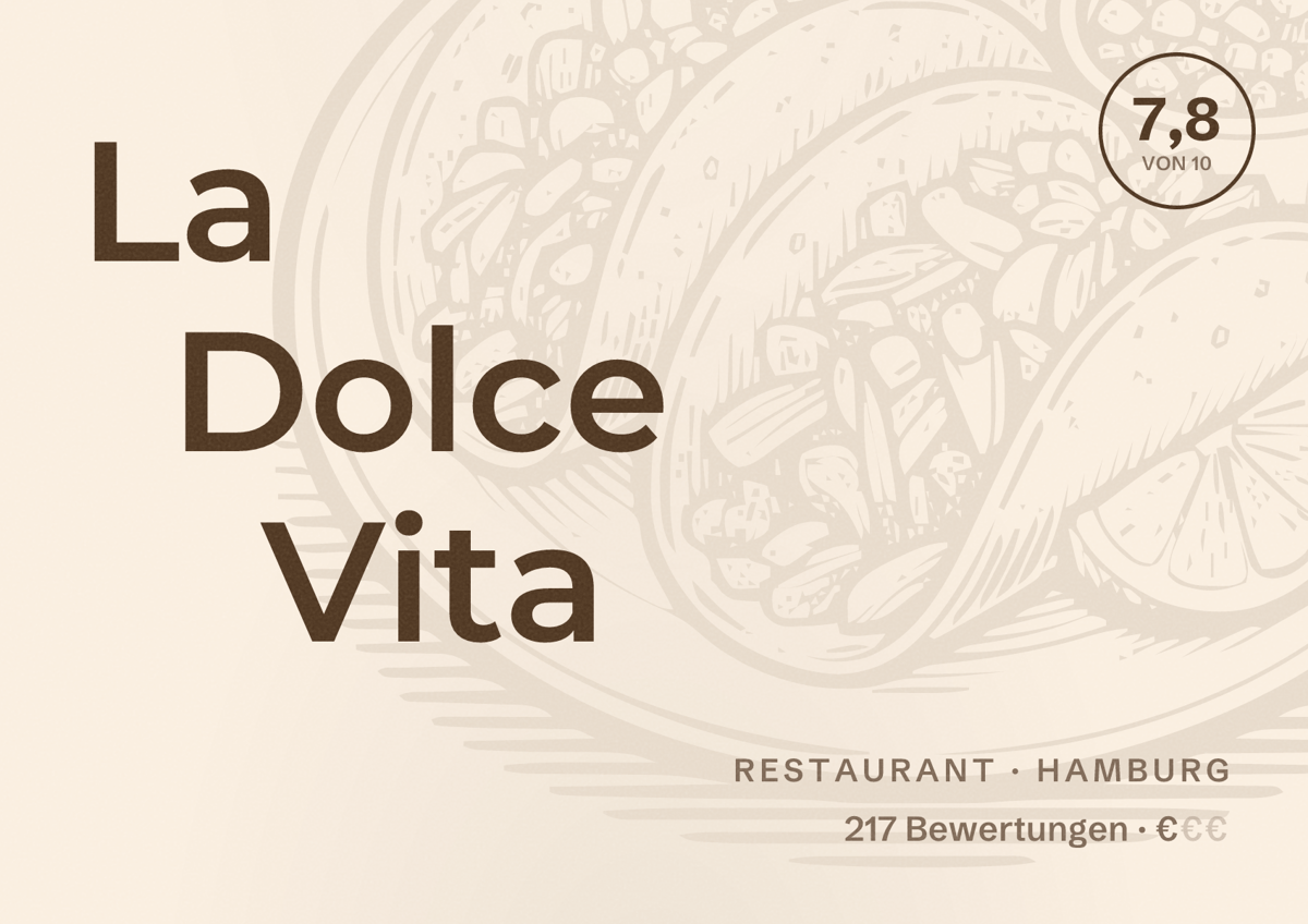 Illustriertes Poster von La Dolce Vita, Restaurant in Hamburg: Bewertung 7,8 von 10 aus 217 Bewertungen, Preisniveau €