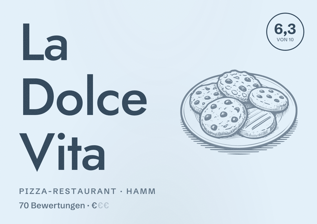 Illustriertes Poster von La Dolce Vita, Pizza-Restaurant in Hamm: Bewertung 6,3 von 10 aus 70 Bewertungen, Preisniveau €