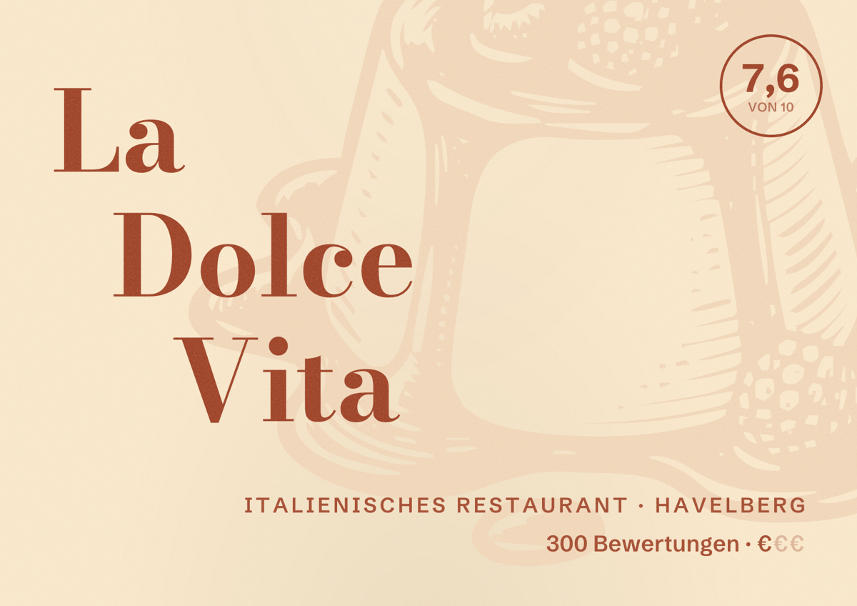 Illustriertes Poster von La Dolce Vita, Italienisches Restaurant in Havelberg: Bewertung 7,6 von 10 aus 300 Bewertungen, Preisniveau €