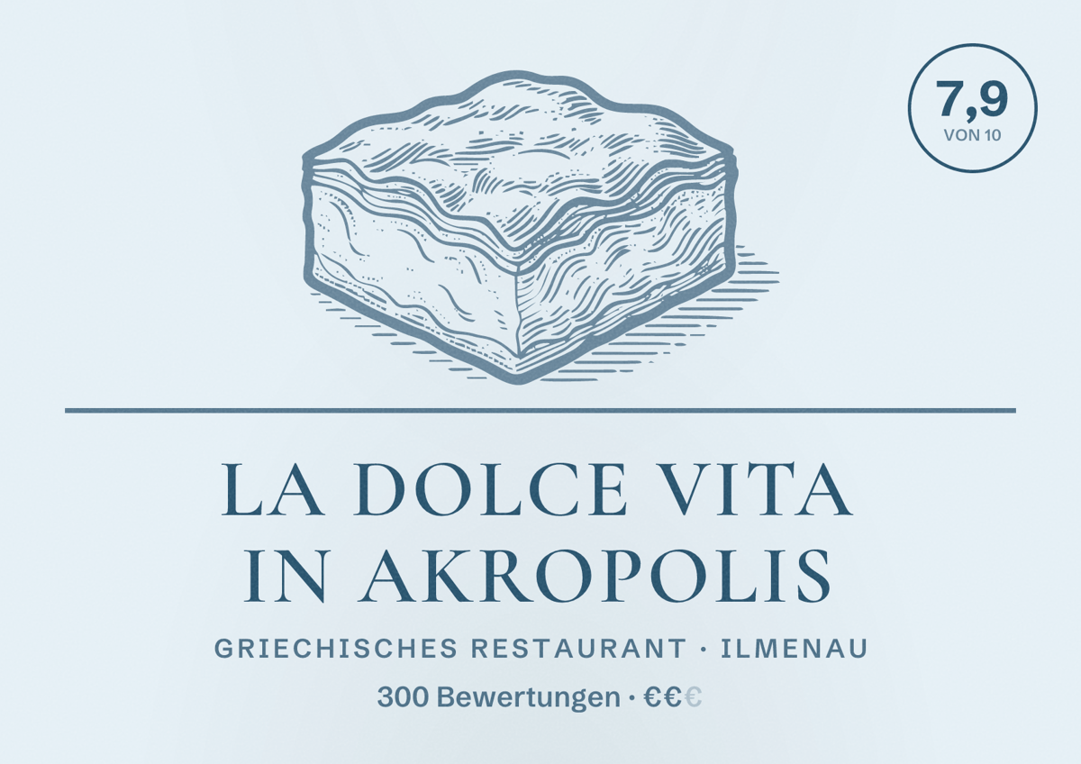 Illustriertes Poster von La Dolce Vita in Akropolis, Griechisches Restaurant in Ilmenau: Bewertung 7,9 von 10 aus 300 Bewertungen, Preisniveau €€