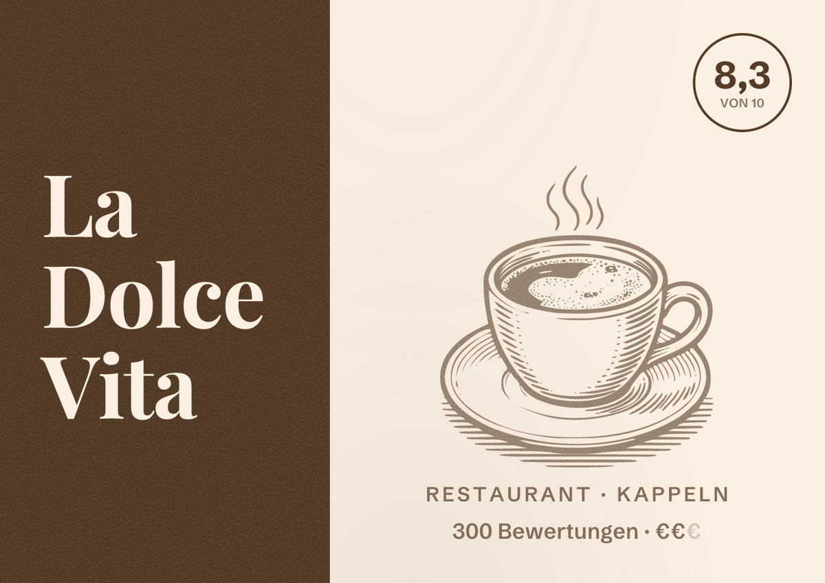 Illustriertes Poster von La Dolce Vita, Restaurant in Kappeln: Bewertung 8,3 von 10 aus 300 Bewertungen, Preisniveau €€