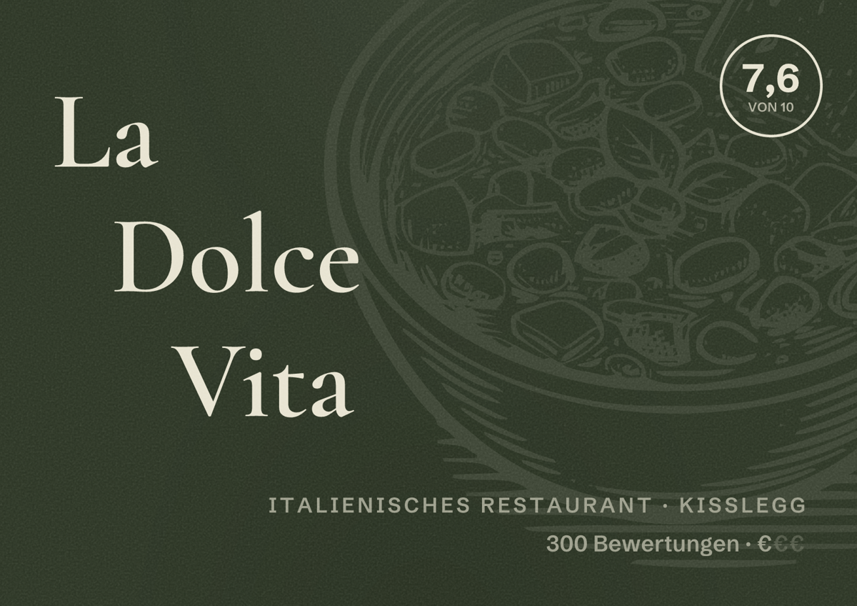 Illustriertes Poster von La Dolce Vita, Italienisches Restaurant in Kißlegg: Bewertung 7,6 von 10 aus 300 Bewertungen, Preisniveau €