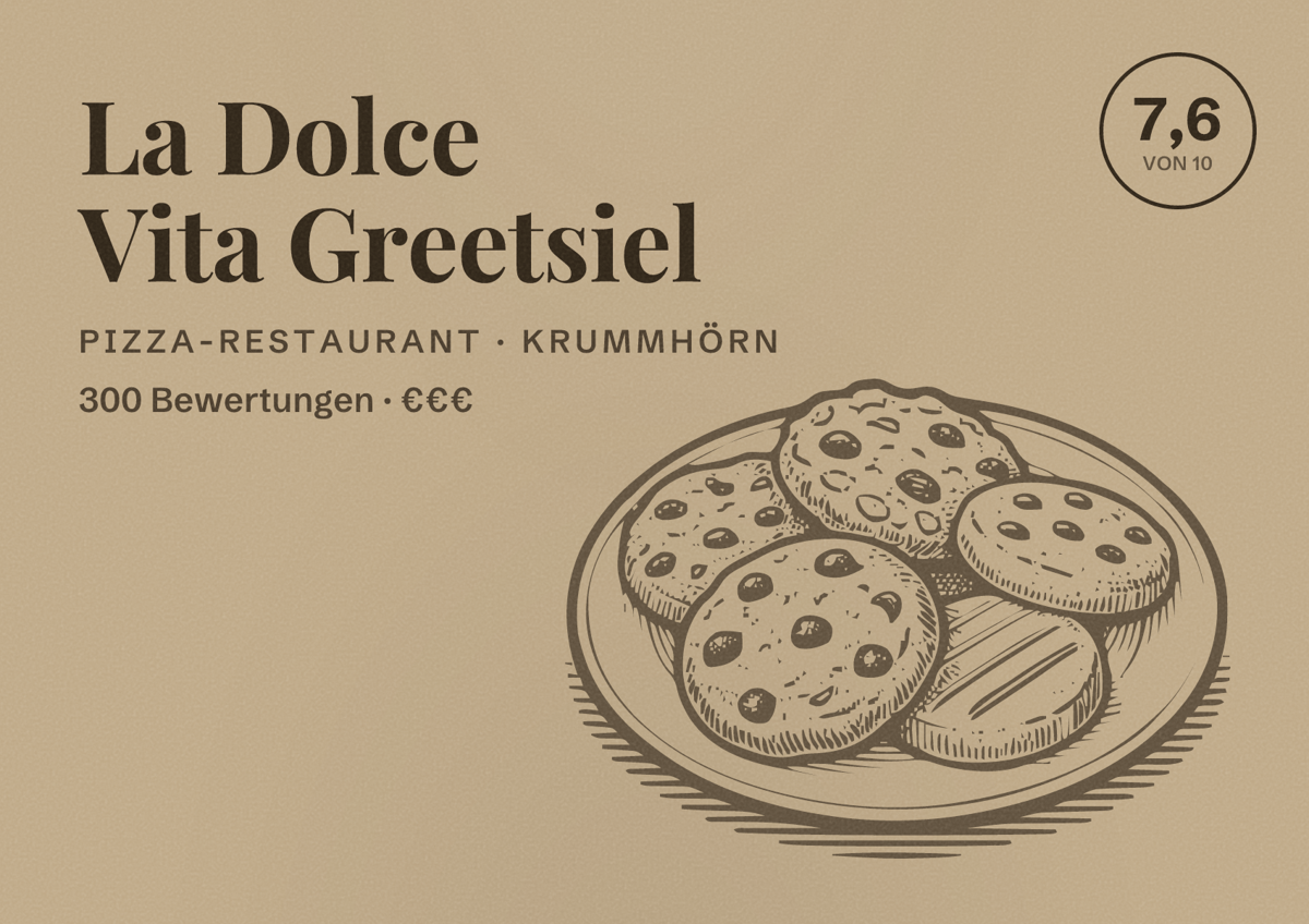 Illustriertes Poster von La Dolce Vita Greetsiel, Pizza-Restaurant in Krummhörn: Bewertung 7,6 von 10 aus 300 Bewertungen, Preisniveau €€€