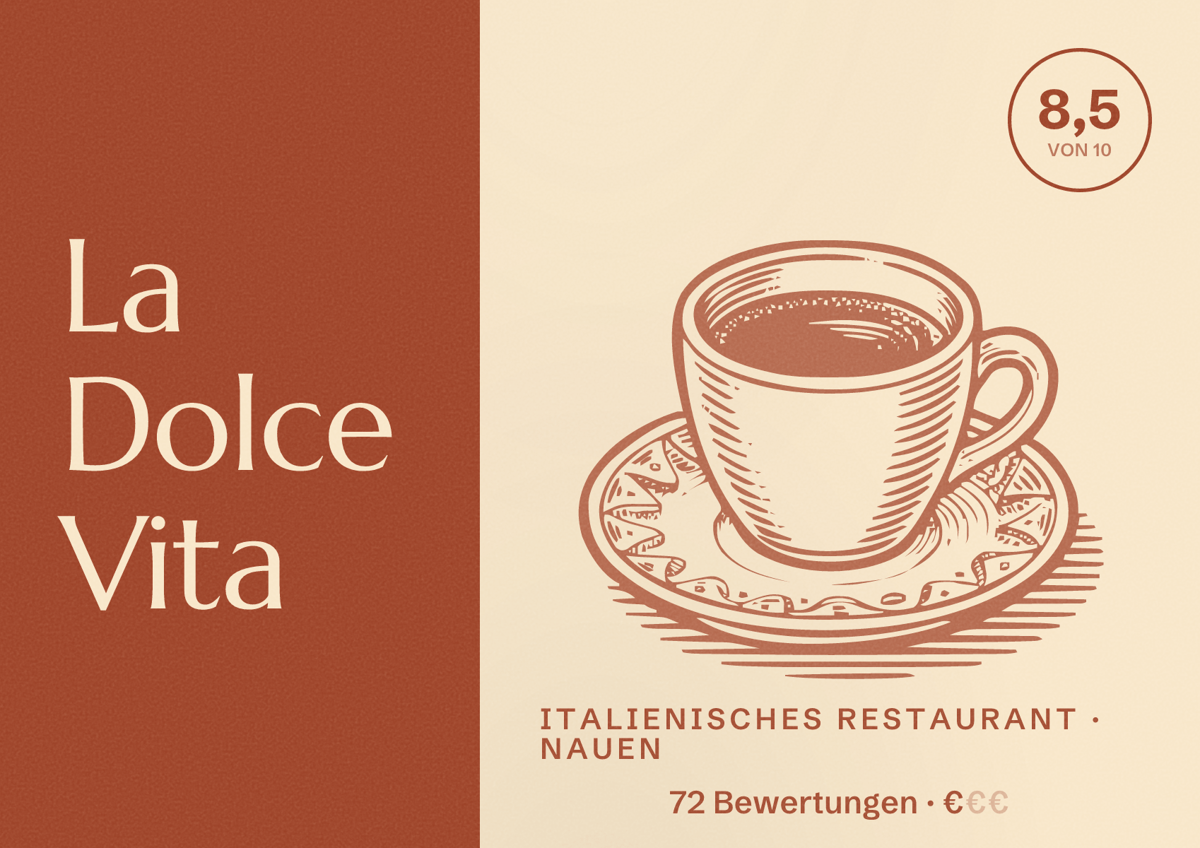 Illustriertes Poster von La Dolce Vita, Italienisches Restaurant in Nauen: Bewertung 8,5 von 10 aus 72 Bewertungen, Preisniveau €