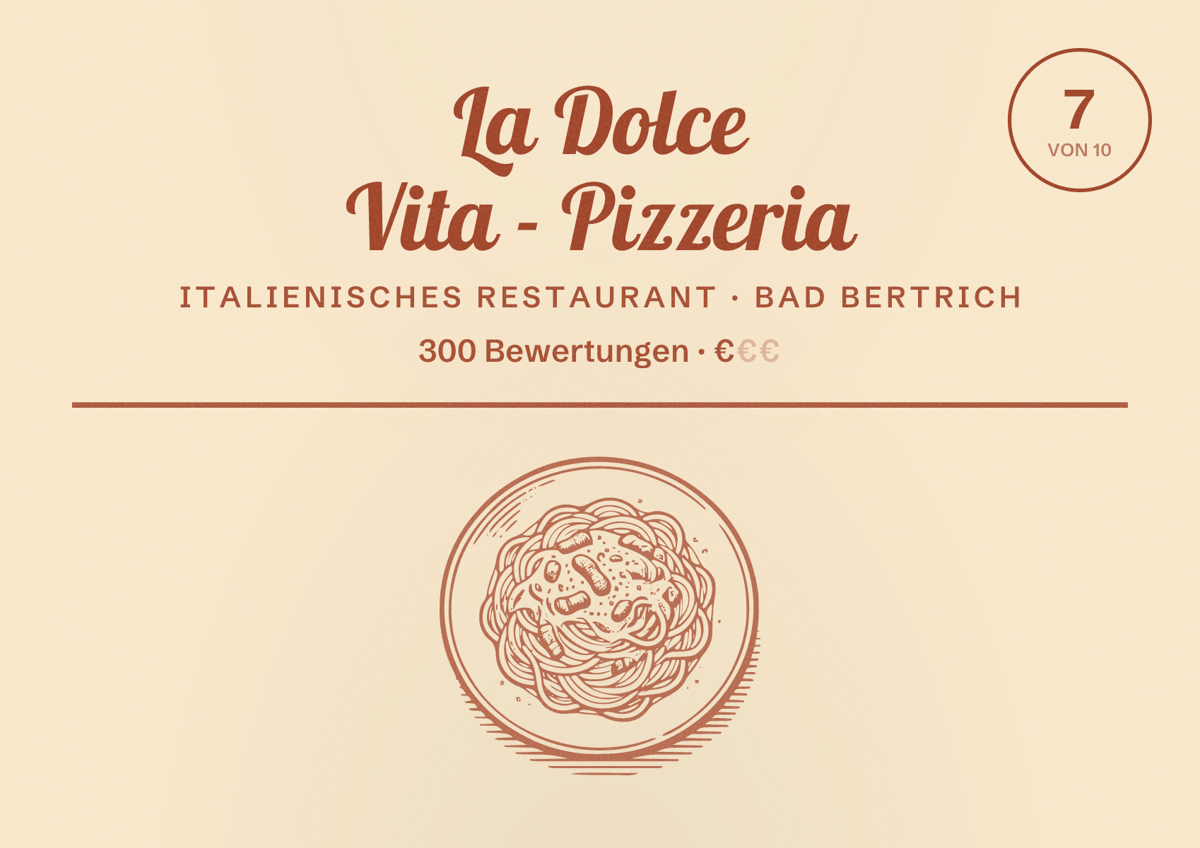 Illustriertes Poster von La Dolce Vita - Pizzeria, Italienisches Restaurant in Bad Bertrich: Bewertung 7 von 10 aus 300 Bewertungen, Preisniveau €