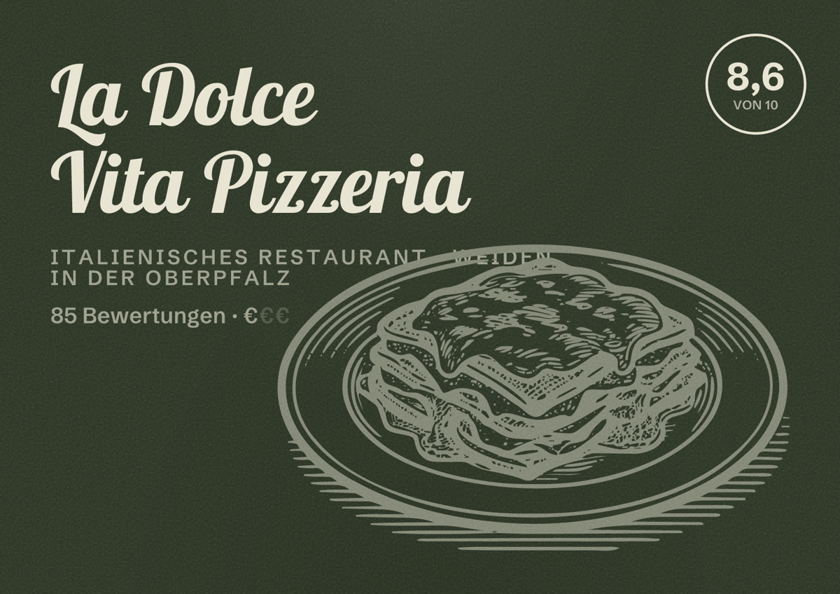 Illustriertes Poster von La Dolce Vita Pizzeria, Italienisches Restaurant in Weiden in der Oberpfalz: Bewertung 8,6 von 10 aus 85 Bewertungen, Preisniveau €