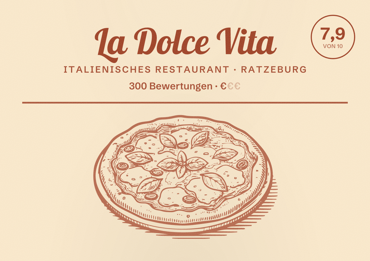 Illustriertes Poster von La Dolce Vita, Italienisches Restaurant in Ratzeburg: Bewertung 7,9 von 10 aus 300 Bewertungen, Preisniveau €