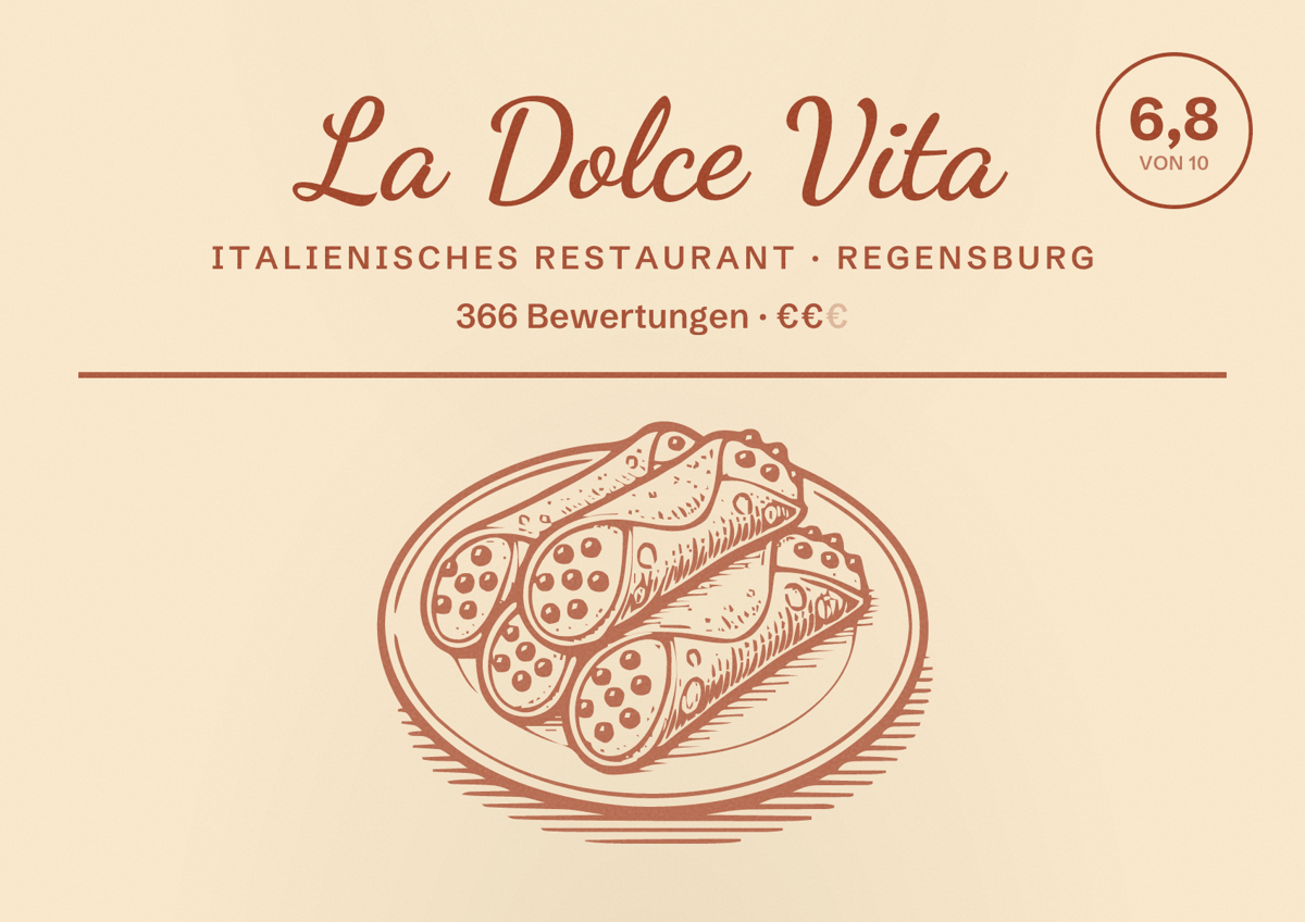 Illustriertes Poster von La Dolce Vita, Italienisches Restaurant in Regensburg: Bewertung 6,8 von 10 aus 366 Bewertungen, Preisniveau €€
