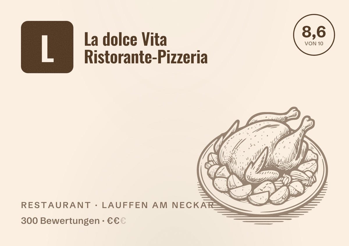 Illustriertes Poster von La dolce Vita Ristorante-Pizzeria, Restaurant in Lauffen am Neckar: Bewertung 8,6 von 10 aus 300 Bewertungen, Preisniveau €€