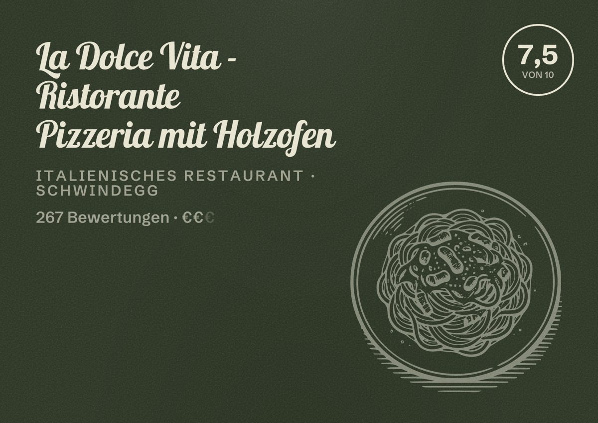 Illustriertes Poster von La Dolce Vita - Ristorante Pizzeria mit Holzofen, Italienisches Restaurant in Schwindegg: Bewertung 7,5 von 10 aus 267 Bewertungen, Preisniveau €€
