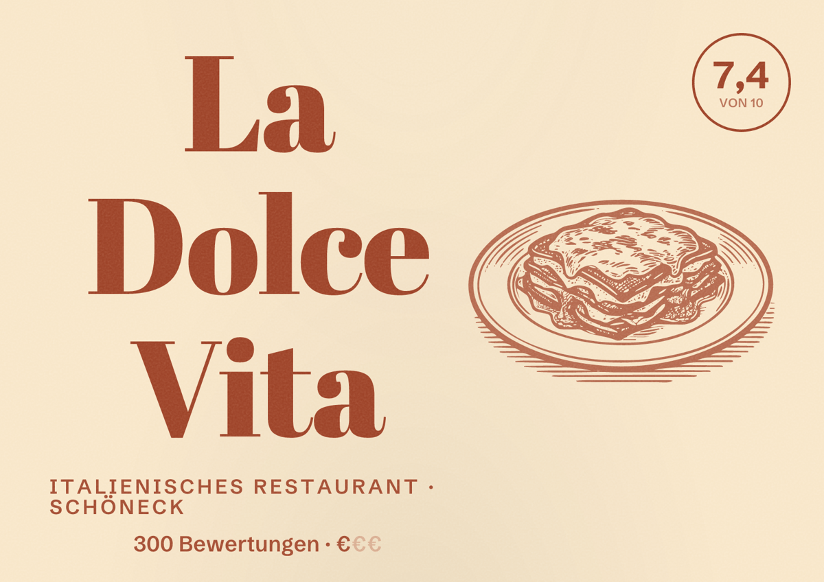 Illustriertes Poster von La Dolce Vita, Italienisches Restaurant in Schöneck: Bewertung 7,4 von 10 aus 300 Bewertungen, Preisniveau €