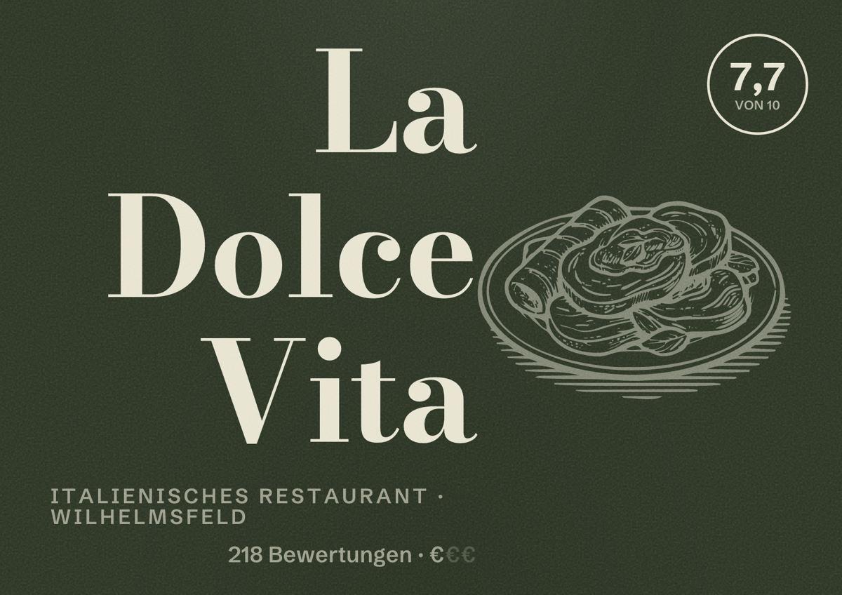 Illustriertes Poster von La Dolce Vita, Italienisches Restaurant in Wilhelmsfeld: Bewertung 7,7 von 10 aus 218 Bewertungen, Preisniveau €