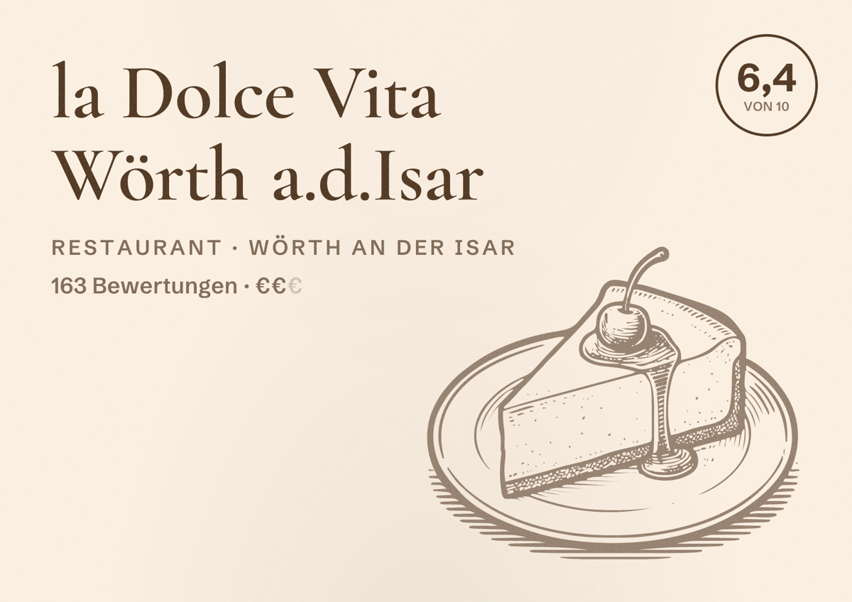 Illustriertes Poster von la Dolce Vita Wörth a.d.Isar, Restaurant in Wörth an der Isar: Bewertung 6,4 von 10 aus 163 Bewertungen, Preisniveau €€
