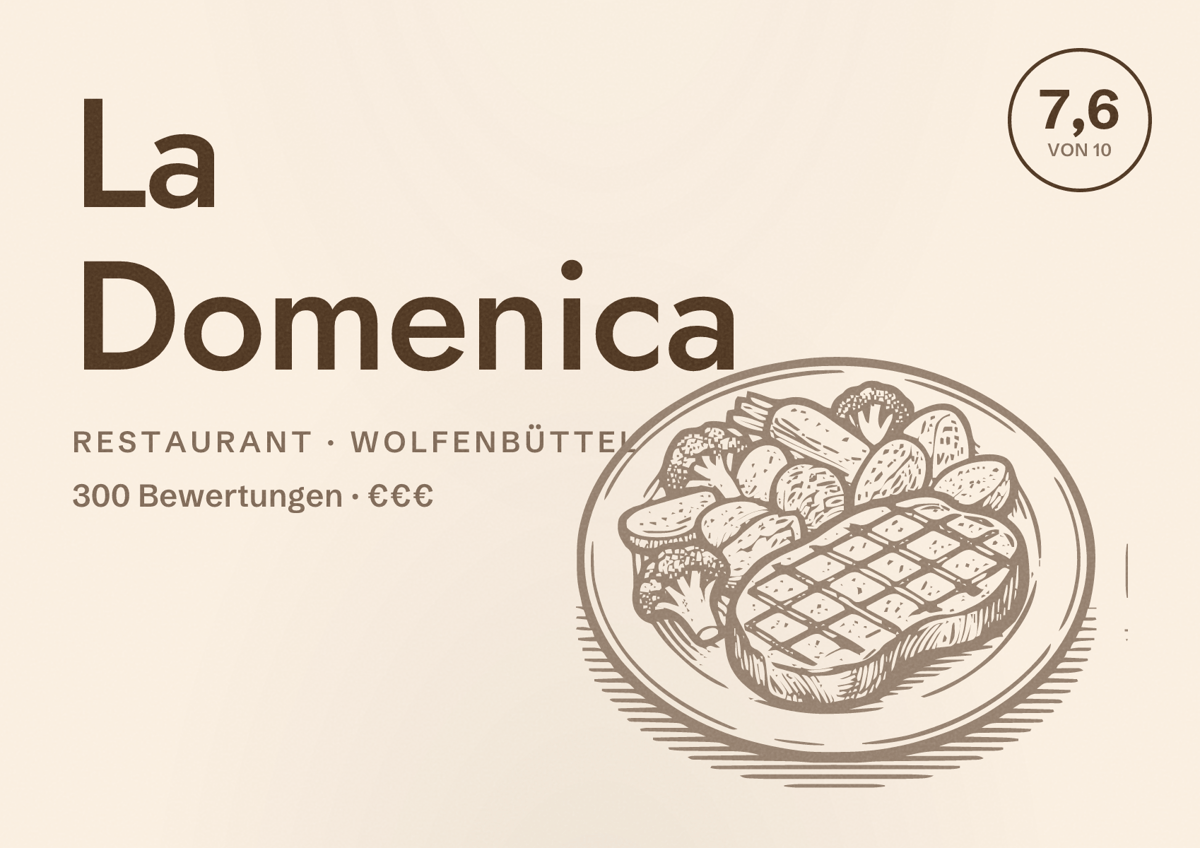 Illustriertes Poster von La Domenica, Restaurant in Wolfenbüttel: Bewertung 7,6 von 10 aus 300 Bewertungen, Preisniveau €€€