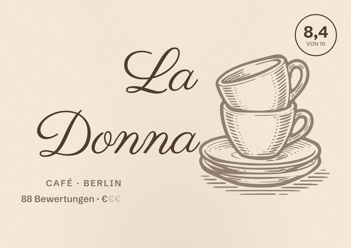 Illustriertes Poster von La Donna, Café in Berlin: Bewertung 8,4 von 10 aus 88 Bewertungen, Preisniveau €