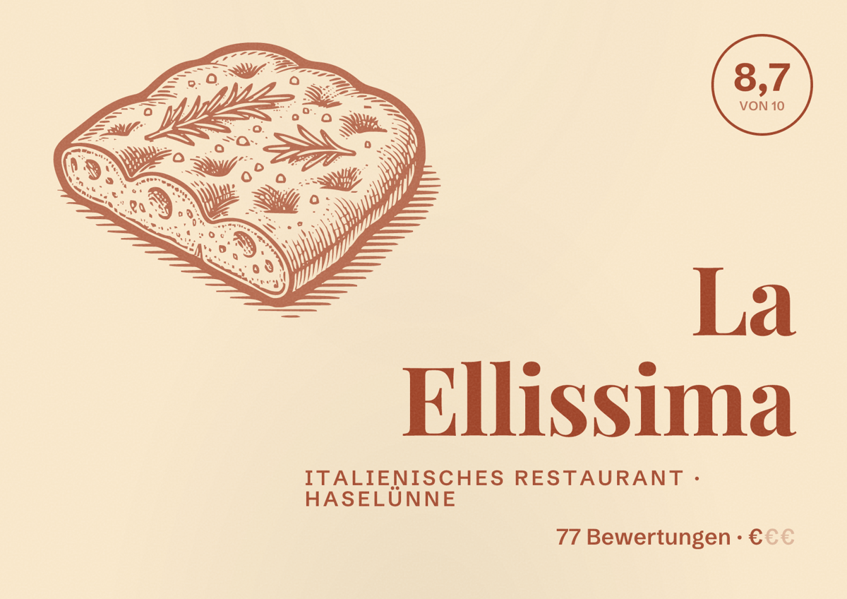 Illustriertes Poster von La Ellissima, Italienisches Restaurant in Haselünne: Bewertung 8,7 von 10 aus 77 Bewertungen, Preisniveau €