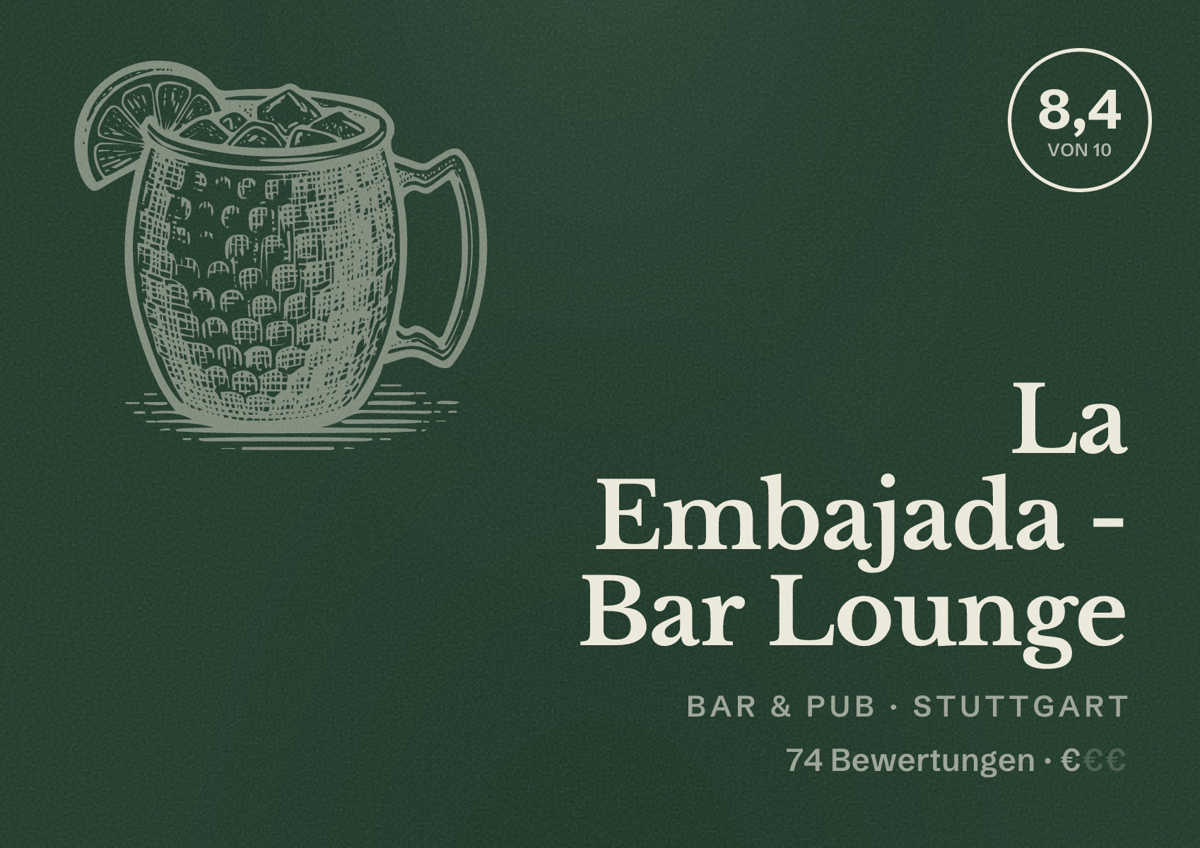 Illustriertes Poster von La Embajada - Bar Lounge, Bar & Pub in Stuttgart: Bewertung 8,4 von 10 aus 74 Bewertungen, Preisniveau €