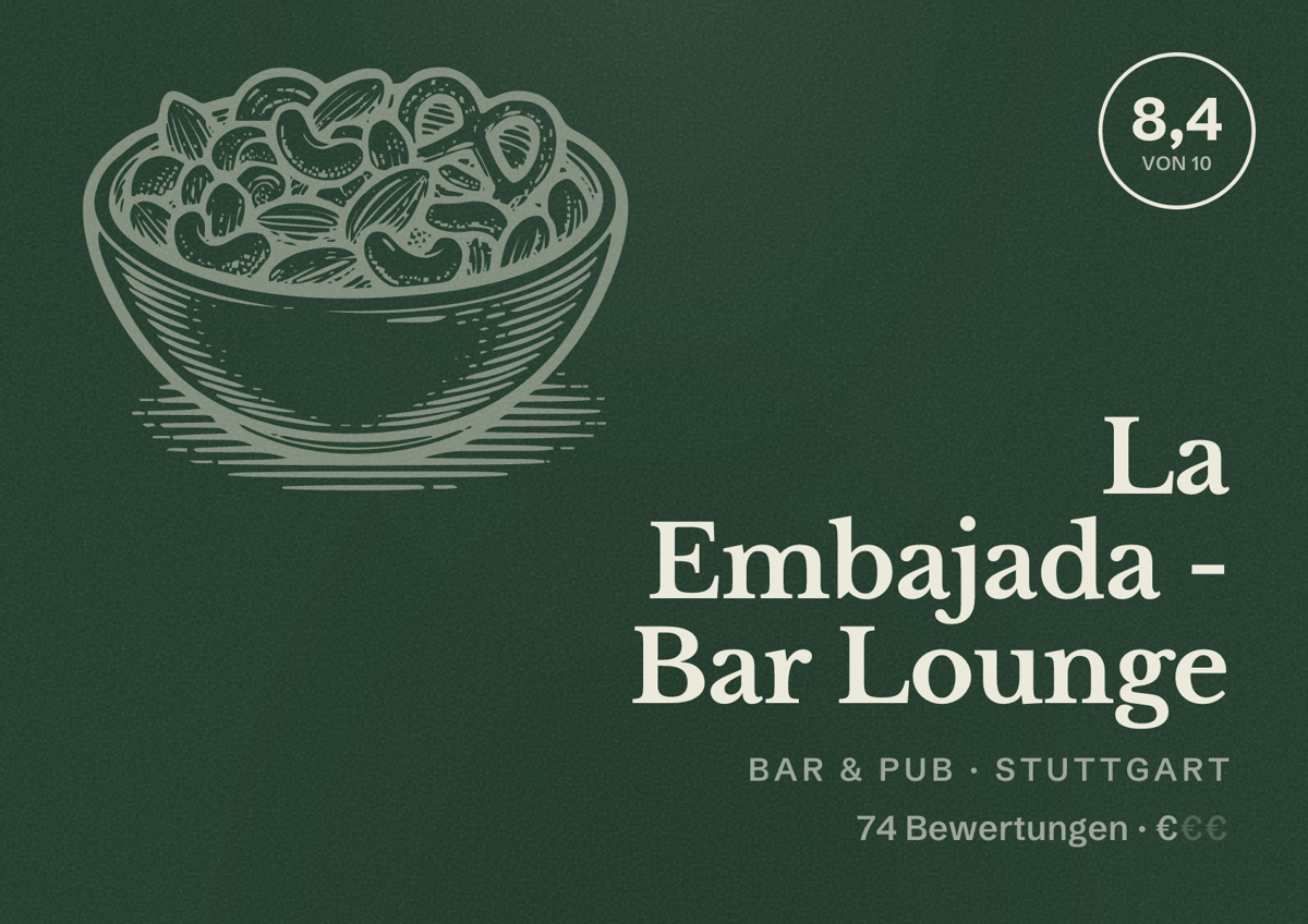 Illustriertes Poster von La Embajada - Bar Lounge, Bar & Pub in Stuttgart: Bewertung 8,4 von 10 aus 74 Bewertungen, Preisniveau €