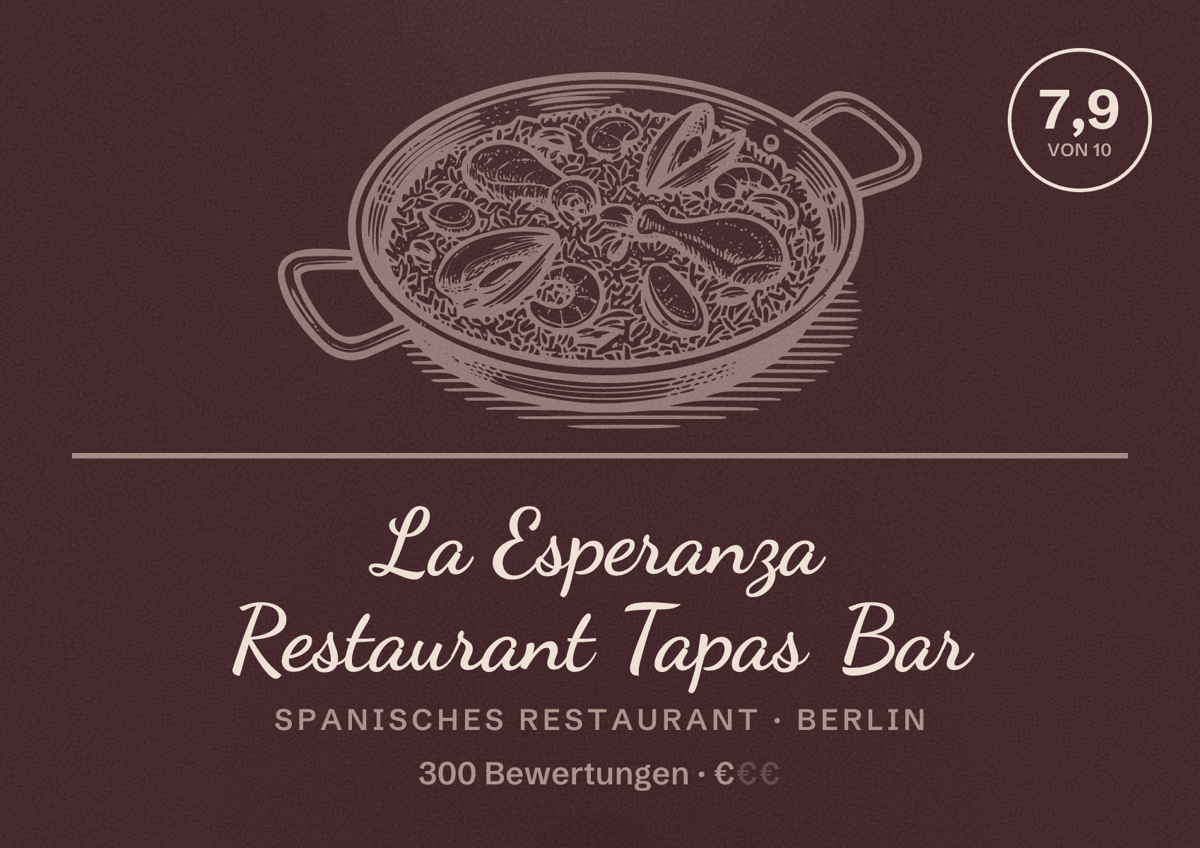 Illustriertes Poster von La Esperanza Restaurant Tapas Bar, Spanisches Restaurant in Berlin: Bewertung 7,9 von 10 aus 300 Bewertungen, Preisniveau €