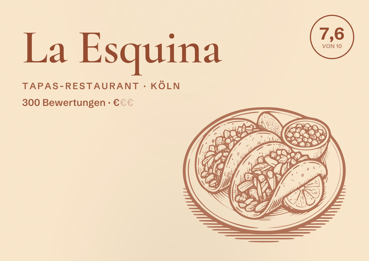Illustriertes Poster von La Esquina, Tapas-Restaurant in Köln: Bewertung 7,6 von 10 aus 300 Bewertungen, Preisniveau €