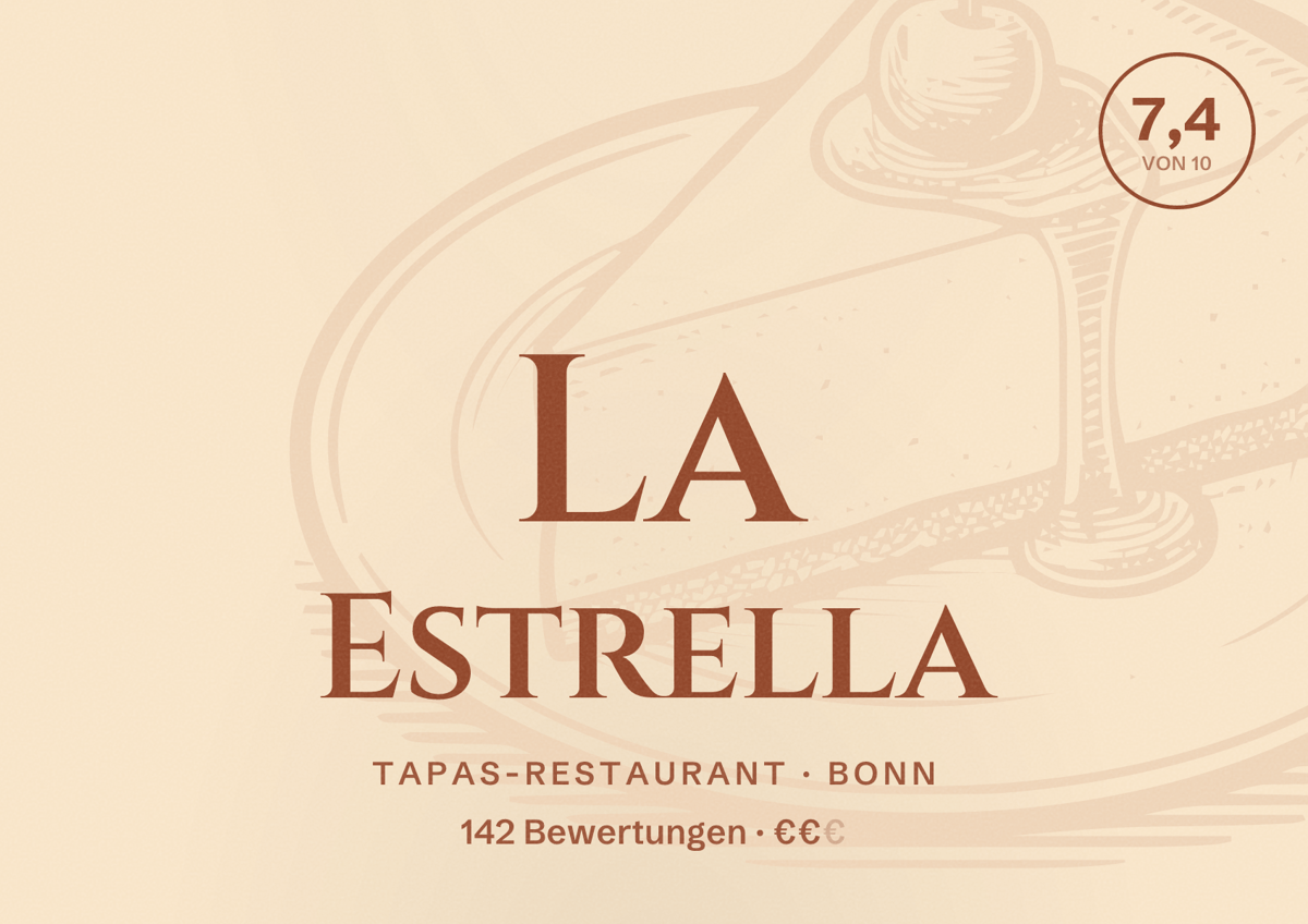 Illustriertes Poster von La Estrella, Tapas-Restaurant in Bonn: Bewertung 7,4 von 10 aus 142 Bewertungen, Preisniveau €€