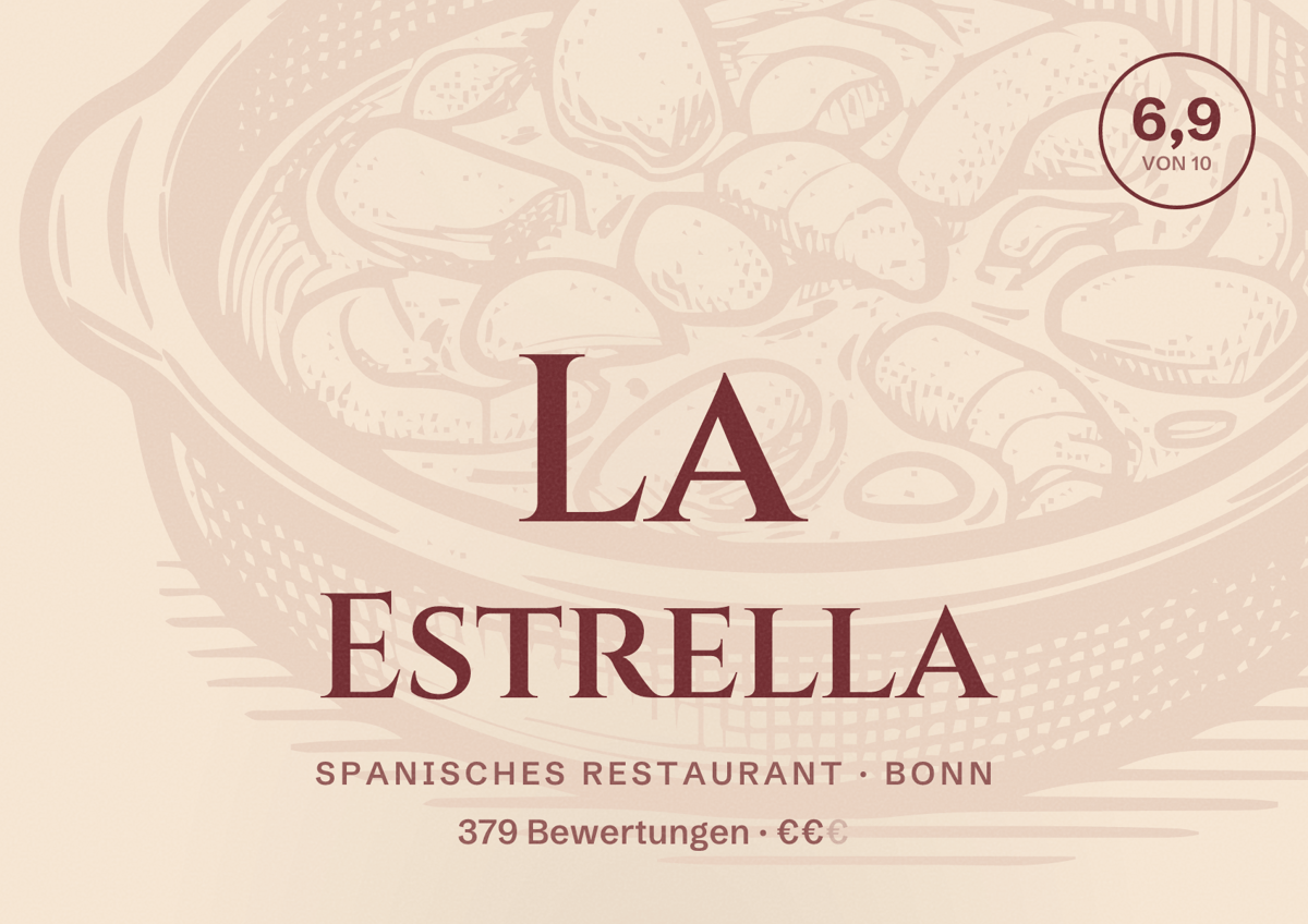 Illustriertes Poster von La Estrella, Spanisches Restaurant in Bonn: Bewertung 6,9 von 10 aus 379 Bewertungen, Preisniveau €€
