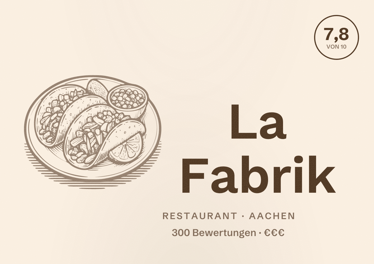 Illustriertes Poster von La Fabrik, Restaurant in Aachen: Bewertung 7,8 von 10 aus 300 Bewertungen, Preisniveau €€€