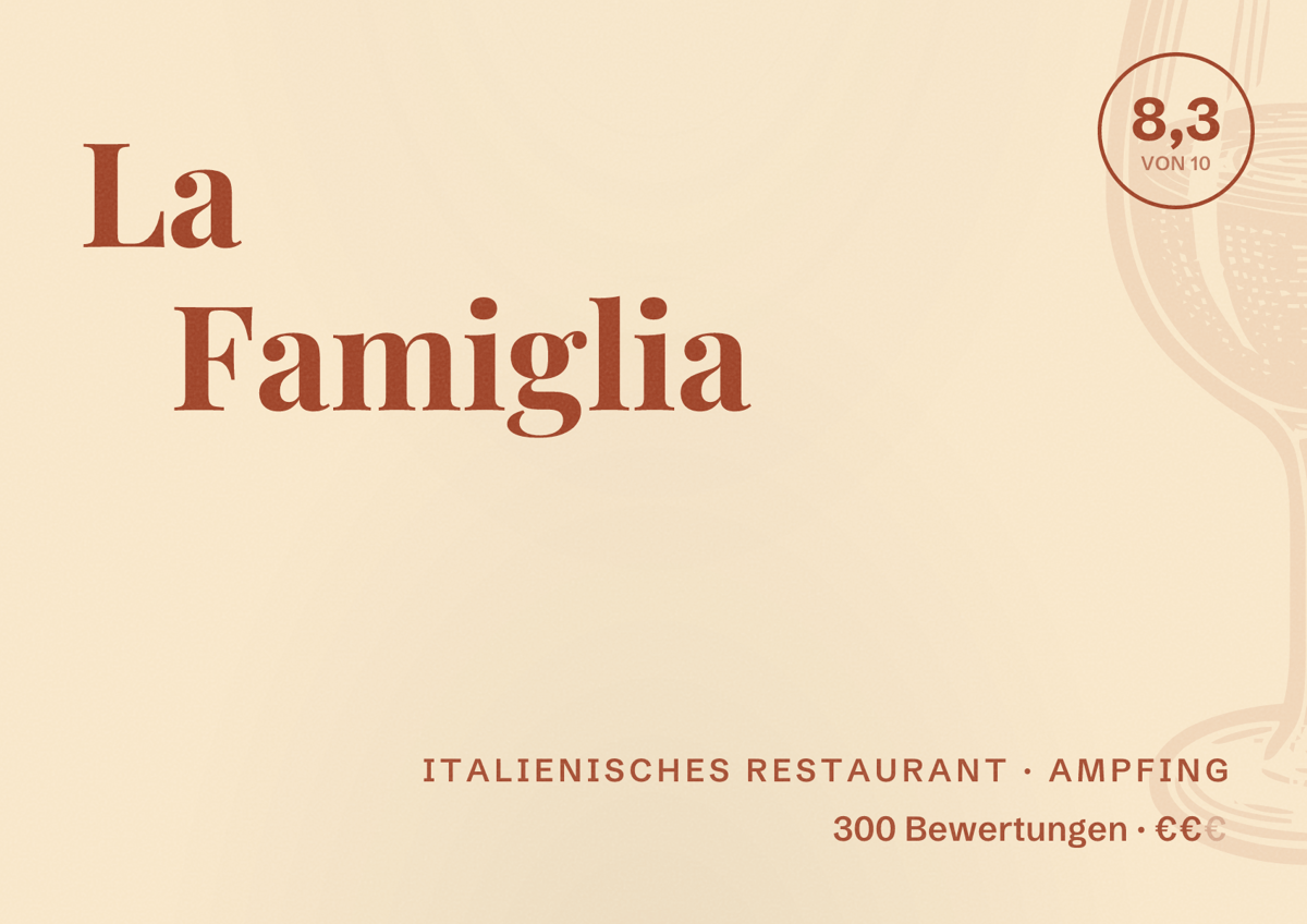 Illustriertes Poster von La Famiglia, Italienisches Restaurant in Ampfing: Bewertung 8,3 von 10 aus 300 Bewertungen, Preisniveau €€