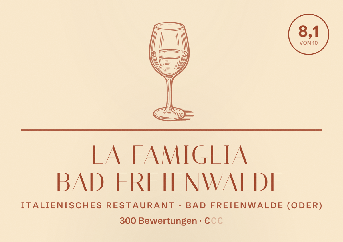 Illustriertes Poster von La Famiglia Bad Freienwalde, Italienisches Restaurant in Bad Freienwalde (Oder): Bewertung 8,1 von 10 aus 300 Bewertungen, Preisniveau €