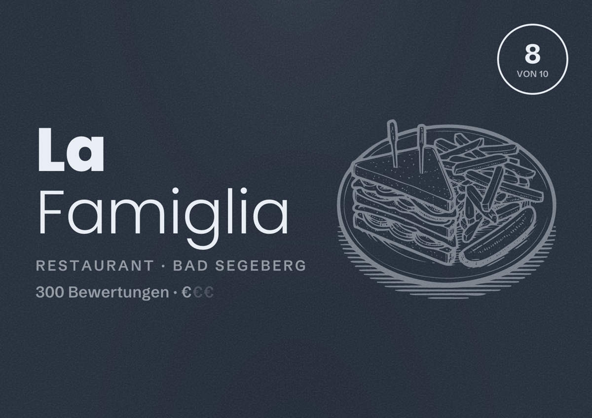 Illustriertes Poster von La Famiglia, Restaurant in Bad Segeberg: Bewertung 8 von 10 aus 300 Bewertungen, Preisniveau €