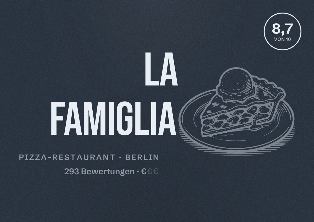 Illustriertes Poster von La Famiglia, Pizza-Restaurant in Berlin: Bewertung 8,7 von 10 aus 293 Bewertungen, Preisniveau €
