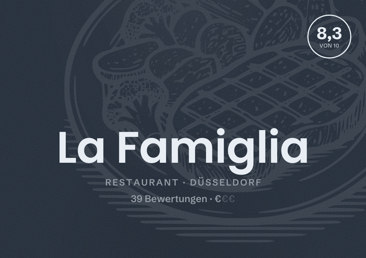 Illustriertes Poster von La Famiglia, Restaurant in Düsseldorf: Bewertung 8,3 von 10 aus 39 Bewertungen, Preisniveau €