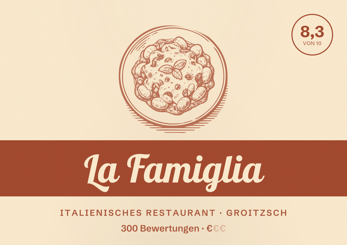 Illustriertes Poster von La Famiglia, Italienisches Restaurant in Groitzsch: Bewertung 8,3 von 10 aus 300 Bewertungen, Preisniveau €