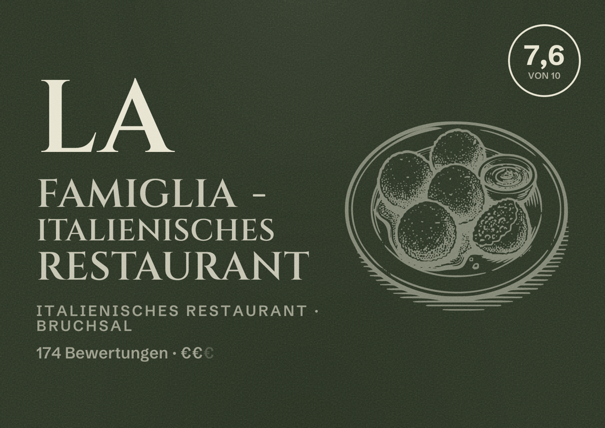 Illustriertes Poster von La Famiglia - Italienisches Restaurant, Italienisches Restaurant in Bruchsal: Bewertung 7,6 von 10 aus 174 Bewertungen, Preisniveau €€